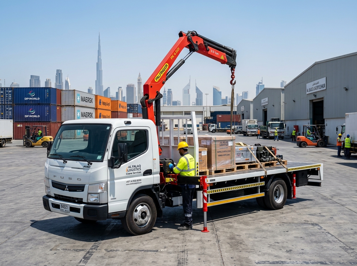 3 Ton Crane Pickup Truck parked in Dubai logistics yard